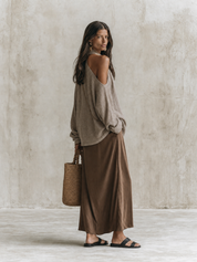 Effortless Chic Taupe Knit Sweater & Brown Satin Maxi Skirt Set