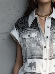 Casual White Black Patterned Button Front Shirt