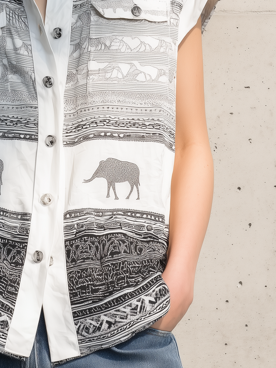 Casual White Black Patterned Button Front Shirt