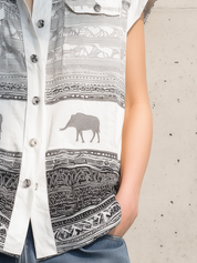 Casual White Black Patterned Button Front Shirt