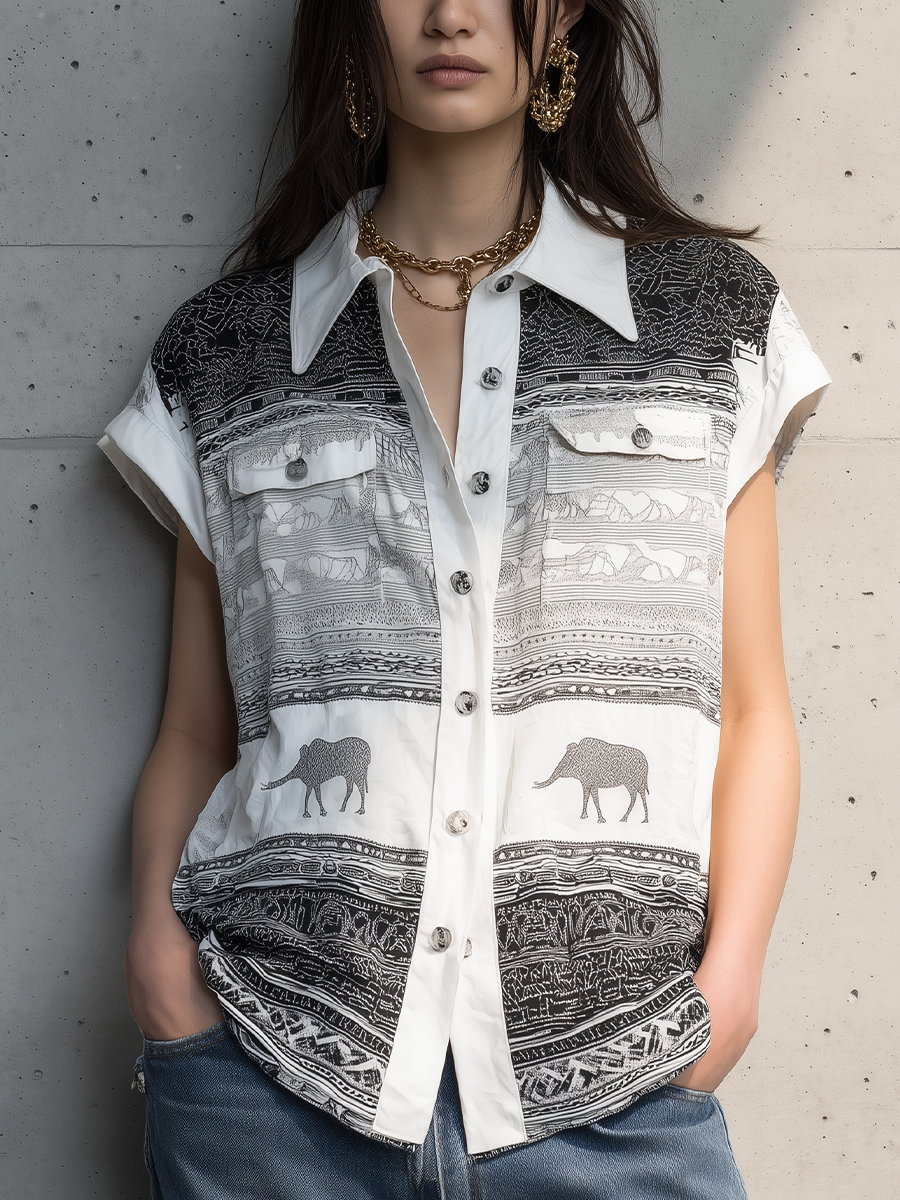 Casual White Black Patterned Button Front Shirt