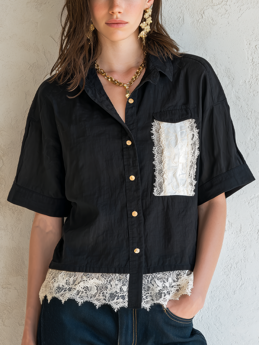 Chic Black Lace Trim Short Sleeve Shirt