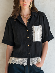Chic Black Lace Trim Short Sleeve Shirt