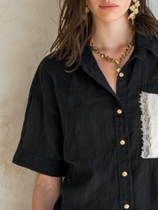Chic Black Lace Trim Short Sleeve Shirt