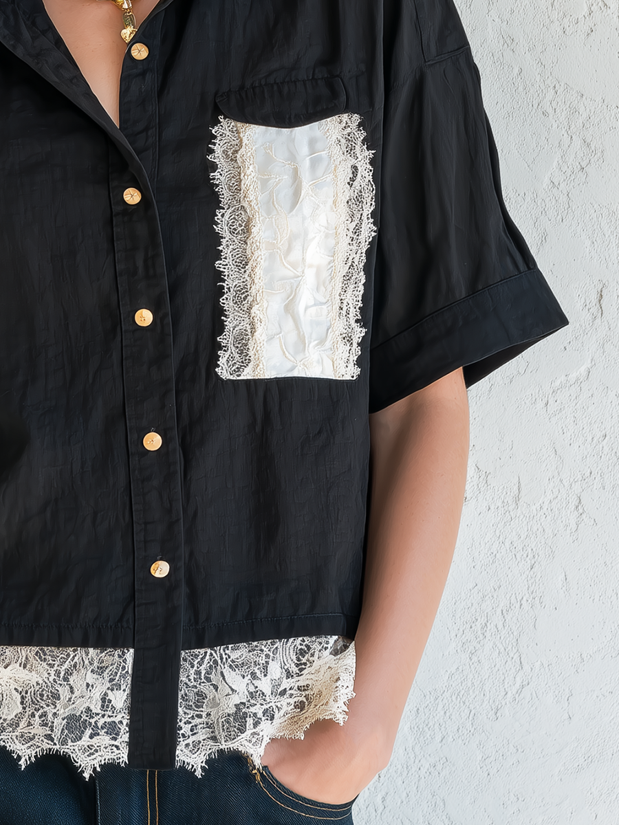 Chic Black Lace Trim Short Sleeve Shirt