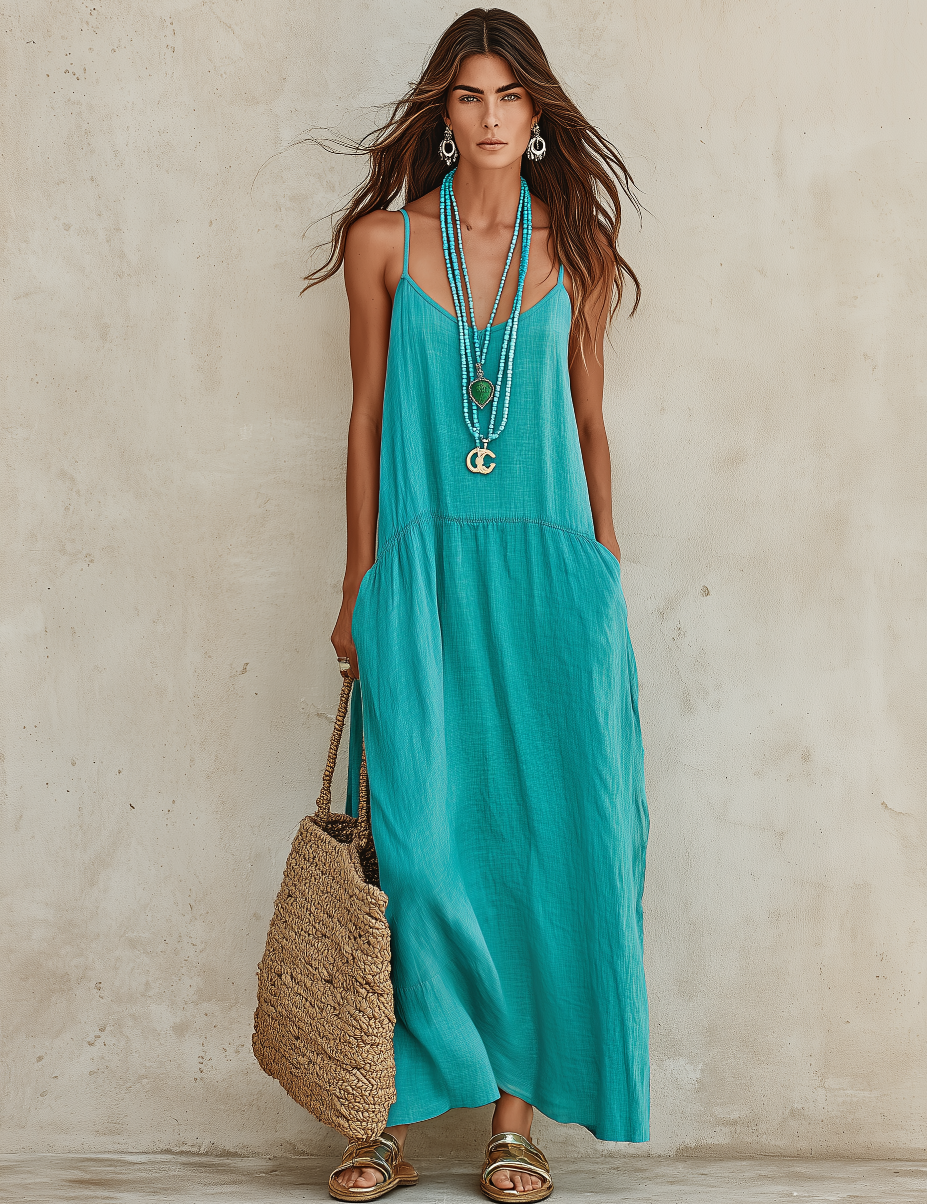 Effortless Resort Cotton-Linen Sleeveless Flowy Teal Cami Maxi Dress