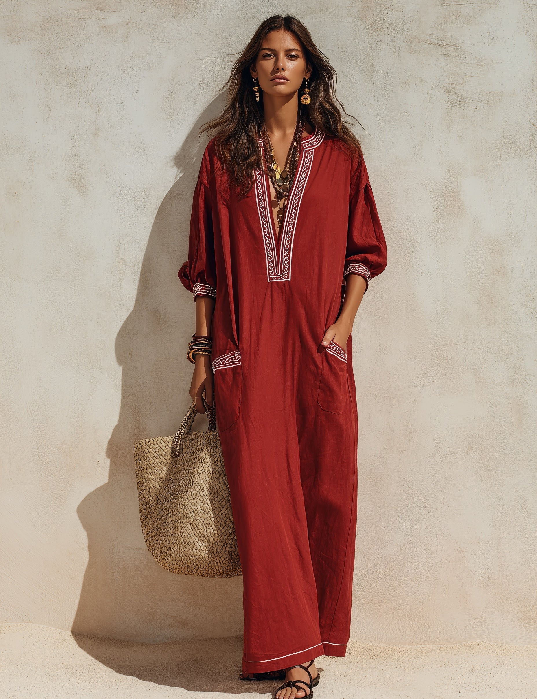 Ethnic Resort Linen Contrast-Trim Pocket Loose Brick Red Peasant Maxi Dress