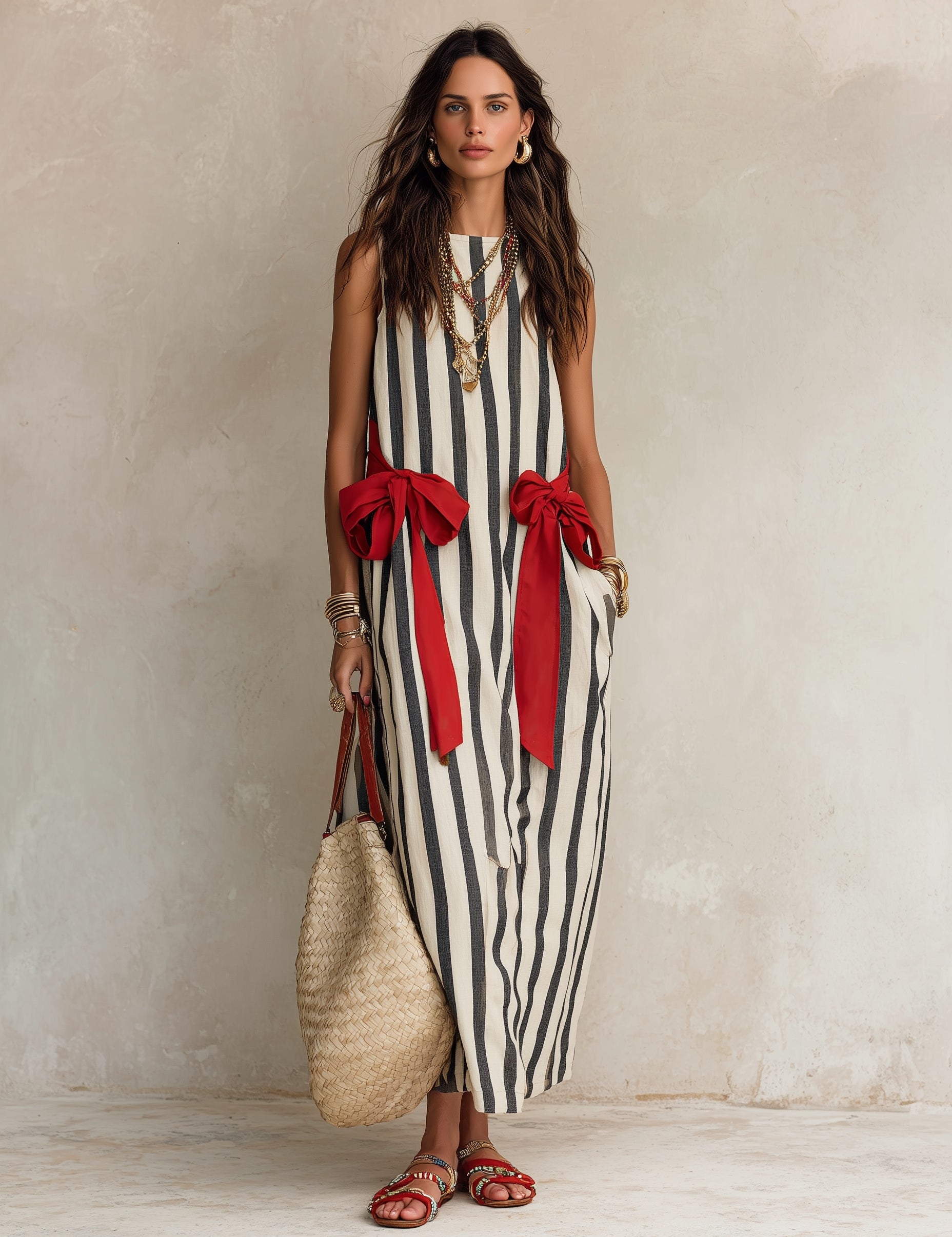 Effortless Resort Linen Vertical-Stripe Contrast-Bow Loose Monochrome Maxi Dress