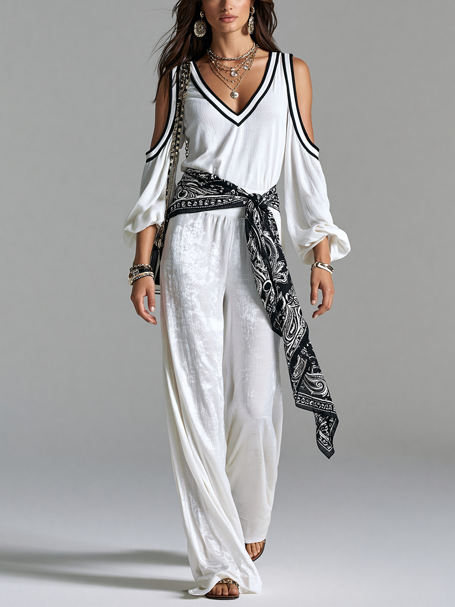 Bohemian White Off The Shoulder Top And Glossy Trousers Set