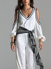 Bohemian White Off The Shoulder Top And Glossy Trousers Set