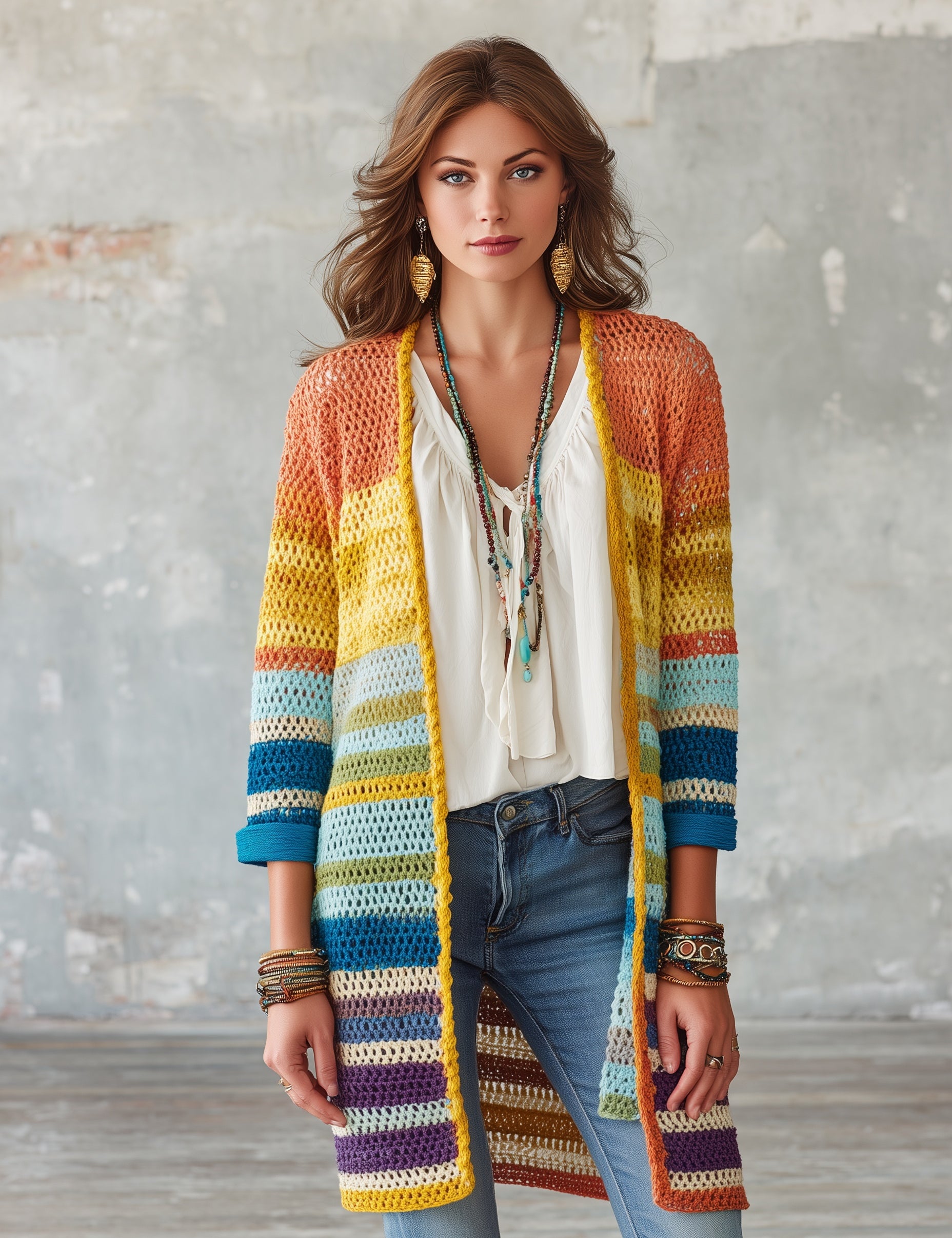 Bohemian Chic Crochet Open-Front Striped Rainbow Longline Cardigan