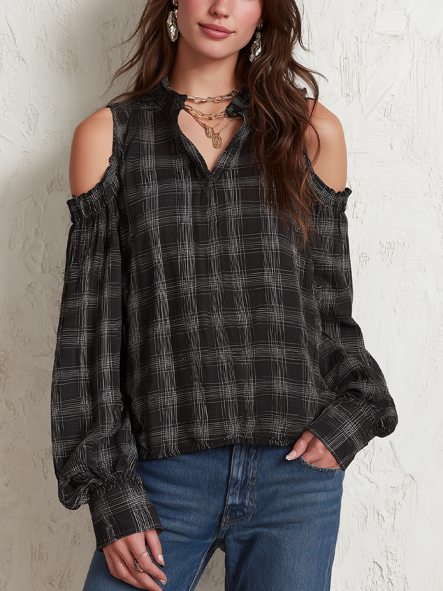 Casual Black Plaid Cold Shoulder Blouse
