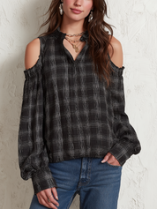 Casual Black Plaid Cold Shoulder Blouse