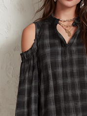Casual Black Plaid Cold Shoulder Blouse