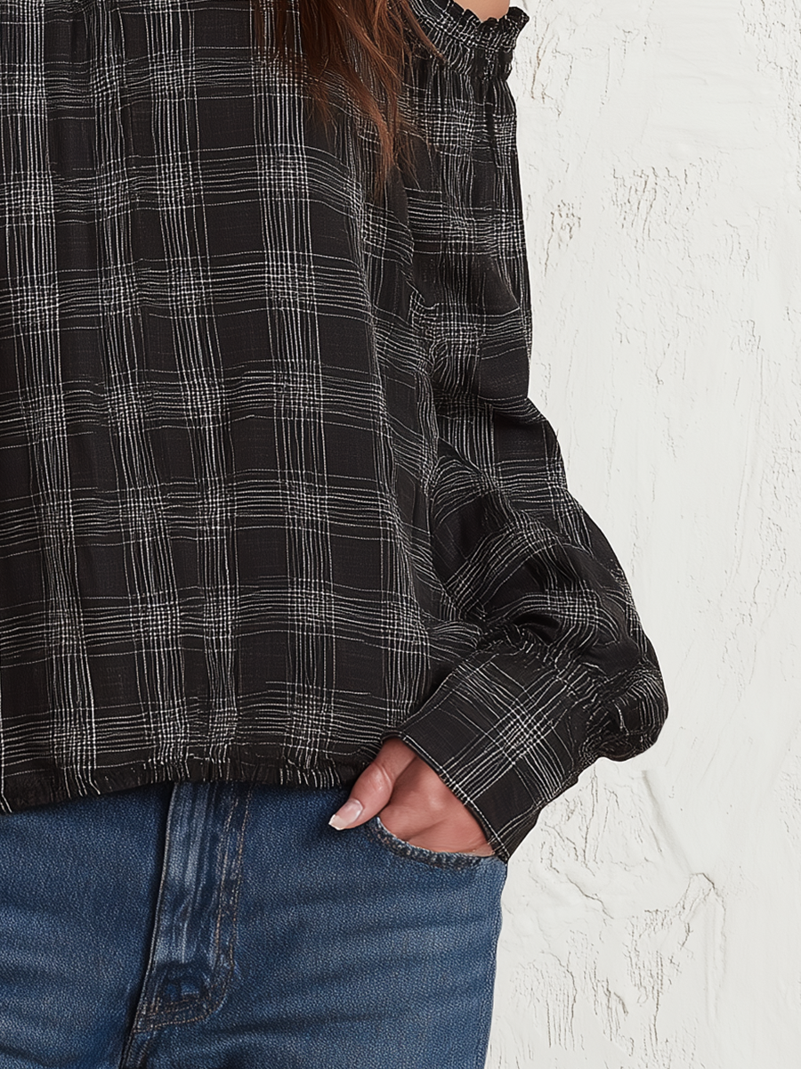 Casual Black Plaid Cold Shoulder Blouse