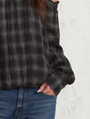 Casual Black Plaid Cold Shoulder Blouse
