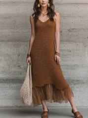 Elegant Brown Knit Layered Maxi Dress