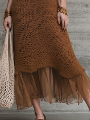Elegant Brown Knit Layered Maxi Dress