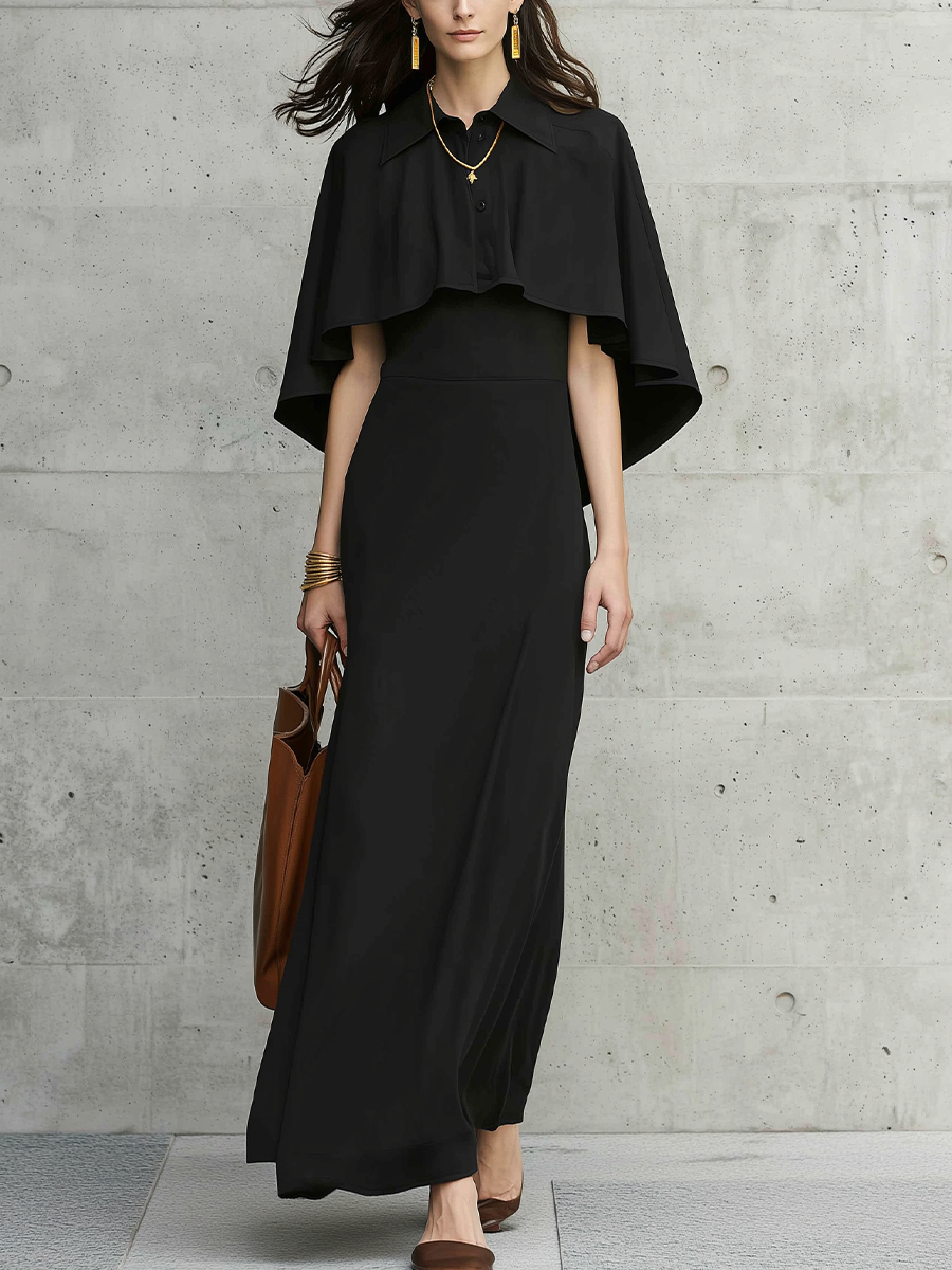 Elegant Black Cape Sleeve Button Front Maxi Dress