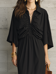 Refined Black Ruched Cape Sleeve Maxi Dress