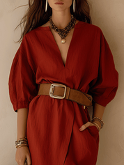 Effortless Chic Cotton-Linen Belted Deep-V Puff-Sleeve Rust Midi Dress