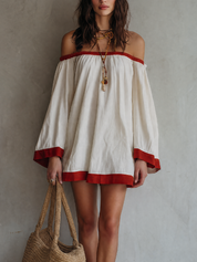 Mediterranean Chic Cotton Off Shoulder Tunic Dress