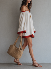 Mediterranean Chic Cotton Off Shoulder Tunic Dress