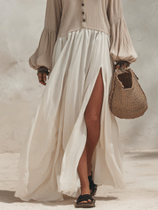 Effortless Boho Ribbed-Knit Contrast Split-Hem Beige & Ivory Maxi Dress