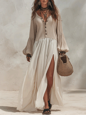 Effortless Boho Ribbed-Knit Contrast Split-Hem Beige & Ivory Maxi Dress