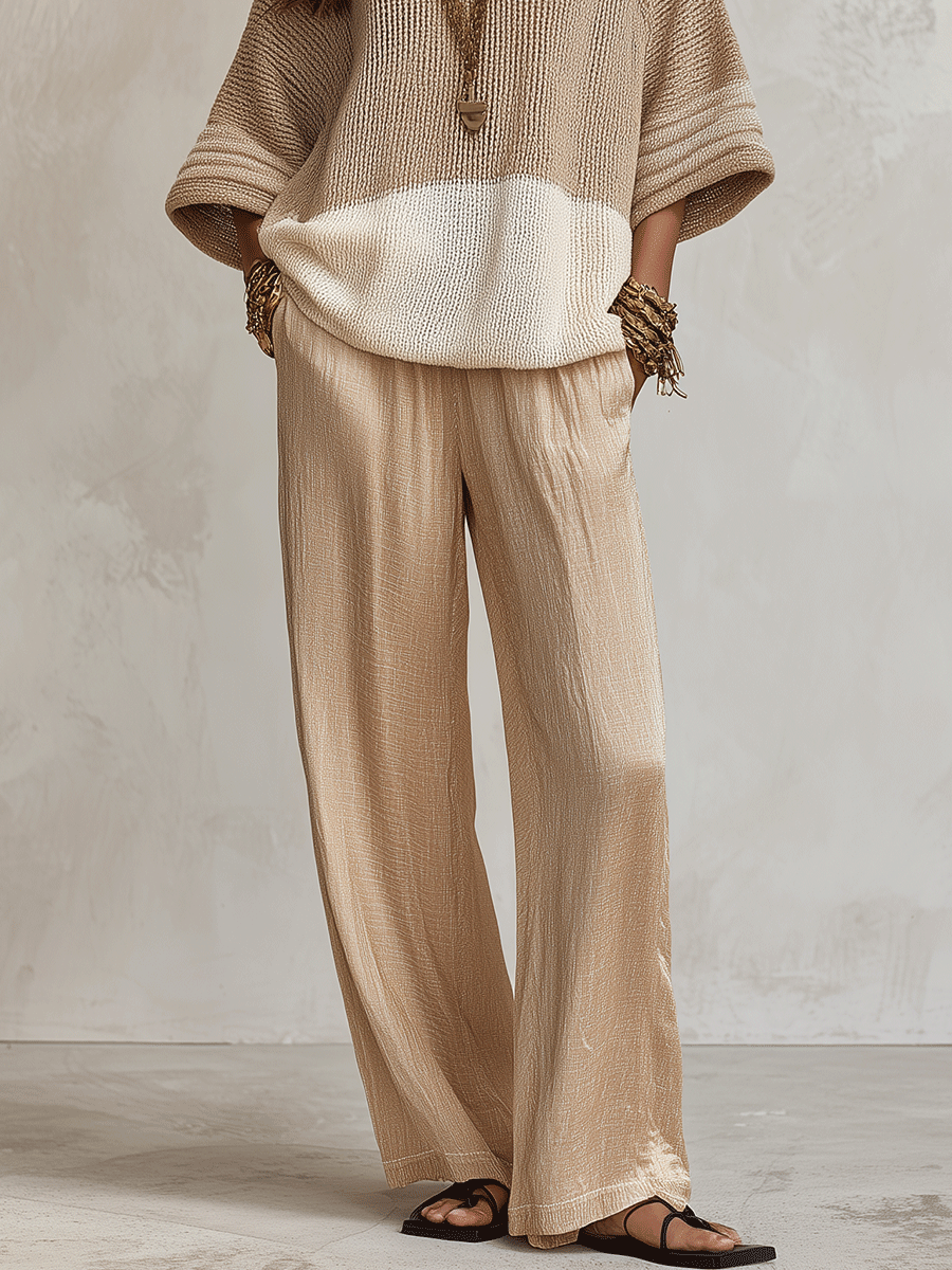 Effortless Chic Taupe Colorblock Knit Sweater & Ivory Wide-Leg Trouser Set