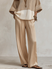 Effortless Chic Taupe Colorblock Knit Sweater & Ivory Wide-Leg Trouser Set