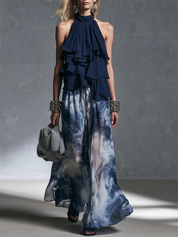 Resort Luxe Halter Ruffle Top & Watercolor Palazzo Pants Set