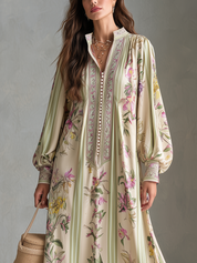Baroque Khaki Botanical Print Maxi Dress