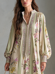 Baroque Khaki Botanical Print Maxi Dress