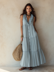 Effortless Boho Cotton-Linen Ruffle-V-Neck Tiered Dusty Blue Maxi Dress