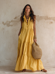 Effortless Resort Linen Collared Button-Front Tiered Ginger Maxi Dress
