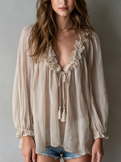 Romantic Gray-apricot Floral Trim Shirt