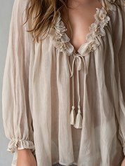 Romantic Gray-apricot Floral Trim Shirt
