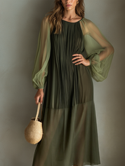 Flowy Olive Sheer Pleated Midi Dress