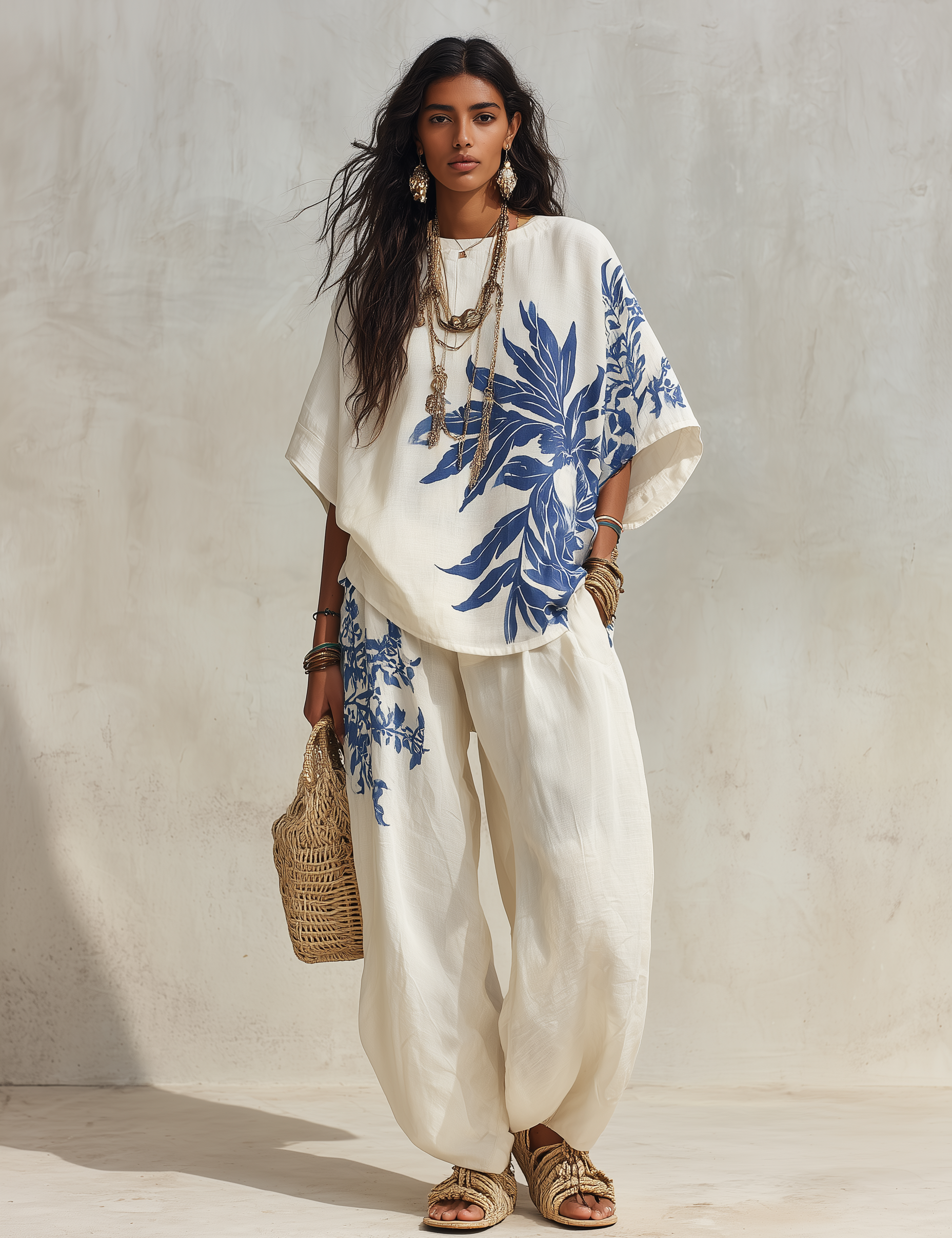 Resort Chic Linen Botanical-Print Wide-Leg Blue & White Loungewear Set