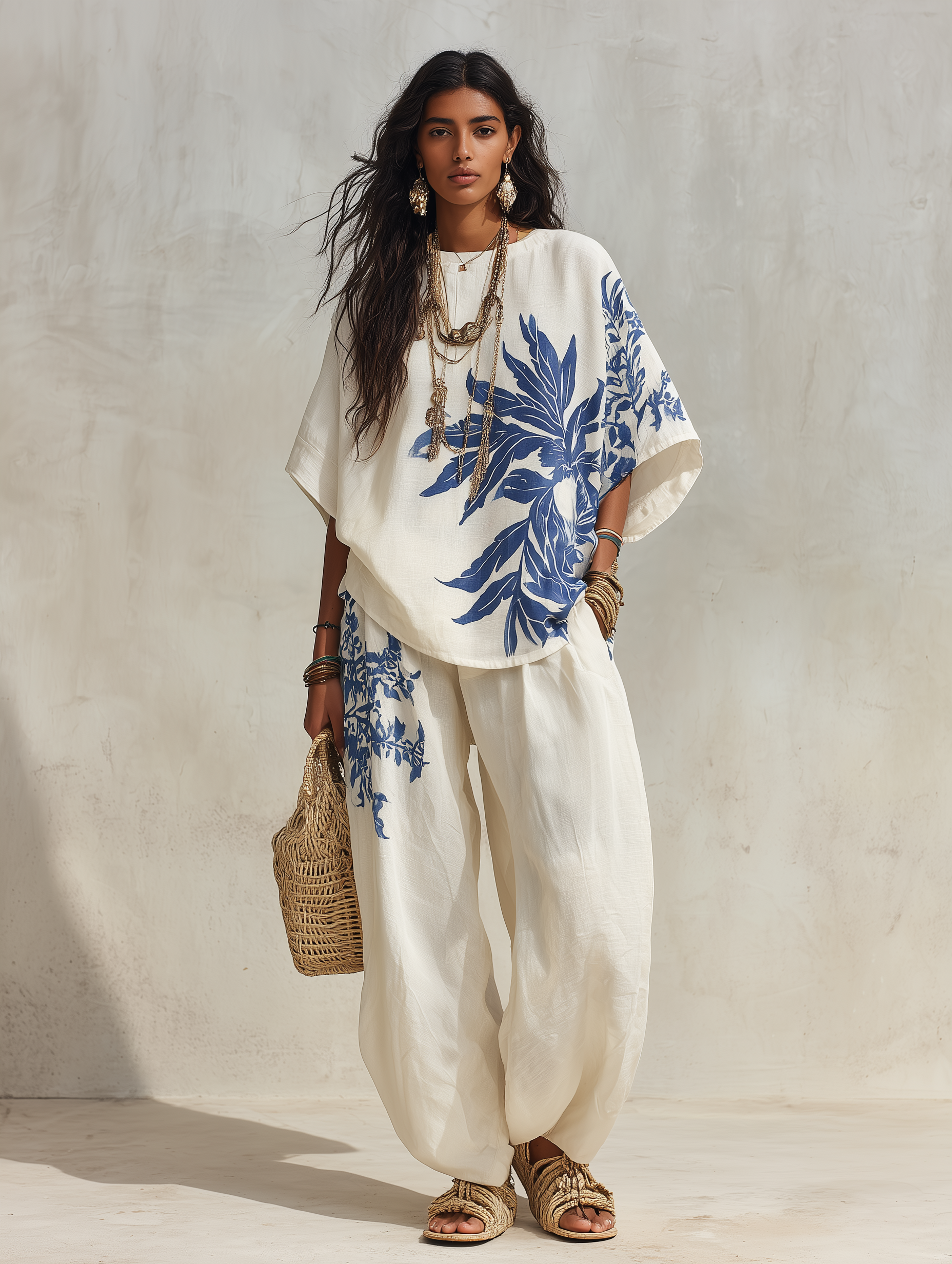 Resort Chic Linen Botanical-Print Wide-Leg Blue & White Loungewear Set