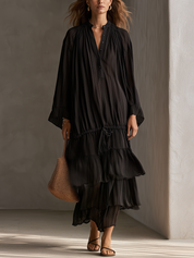 Bohemian Black Pleated Ruffle Maxi Dress