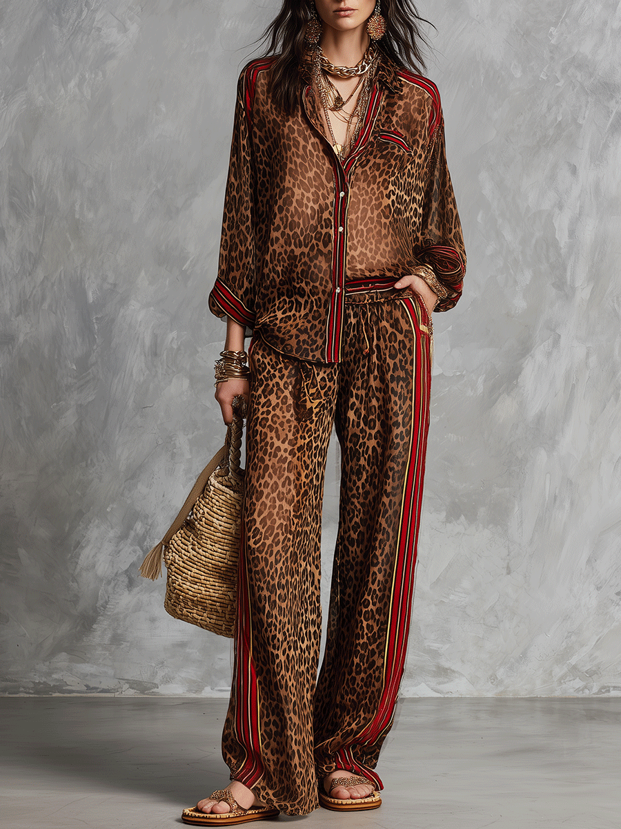 Glam Vacation Sheer Leopard Red-Trim Collared Brown Shirt & Trouser Set