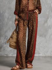 Glam Vacation Sheer Leopard Red-Trim Collared Brown Shirt & Trouser Set