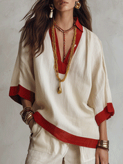 Minimalist Chic Textured Linen Red-Trim Oversized Off-White Palazzo Set