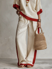 Minimalist Chic Textured Linen Red-Trim Oversized Off-White Palazzo Set