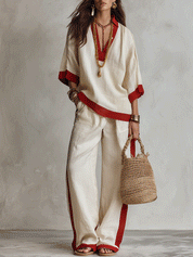 Minimalist Chic Textured Linen Red-Trim Oversized Off-White Palazzo Set
