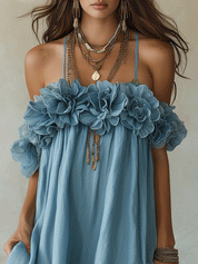 Romantic Coastal Linen Ruffle-Flower Halter Sky Blue Flowy Midi Dress