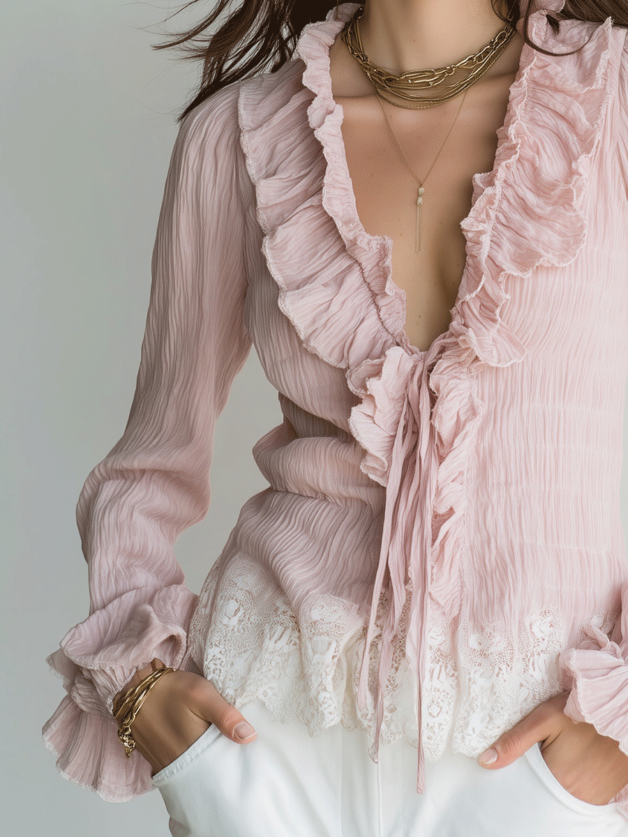 Romantic Boho Chiffon Ruffle Deep-V Lace-Hem Blush Pink Blouse