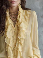 Elegant Coastal Flowy Layered-Ruffle Stand-Collar Lemon Yellow Chiffon Blouse